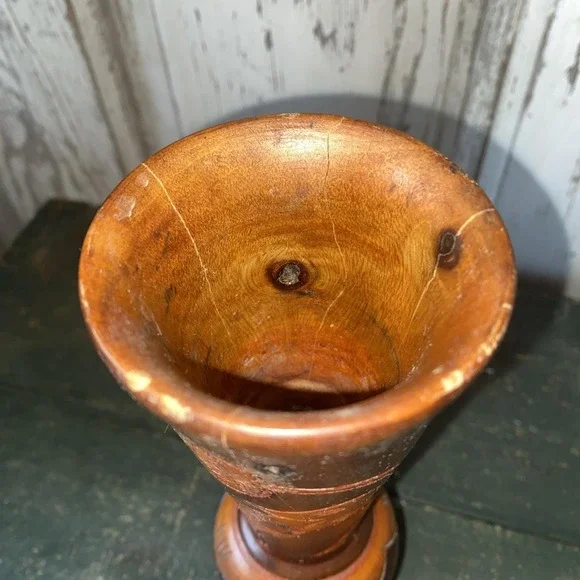 Vintage MCM Wooden Vase With Carved Leaves and Flowers 9" Tall - Picture 6 of 7